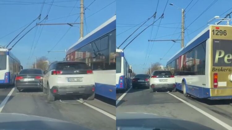 VIDEO N-au încăput pe stradă! Un troleibuz, implicat într-un accident rutier la Buiucani