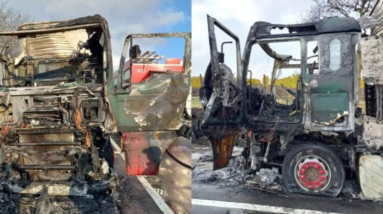 FOTO Imagini dezolante. Flăcările au distrus în totalitate cabina camionului. Versiunea preliminară a poliției