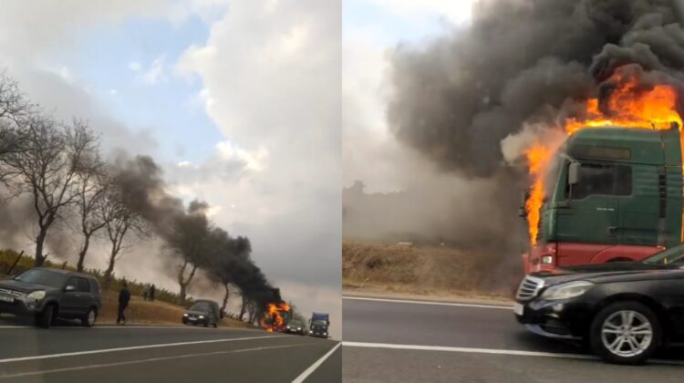 VIDEO Arde un camion marfar la Hîncești. Mai mulți șoferi au oprit pe marginea traseului pentru a acorda ajutor