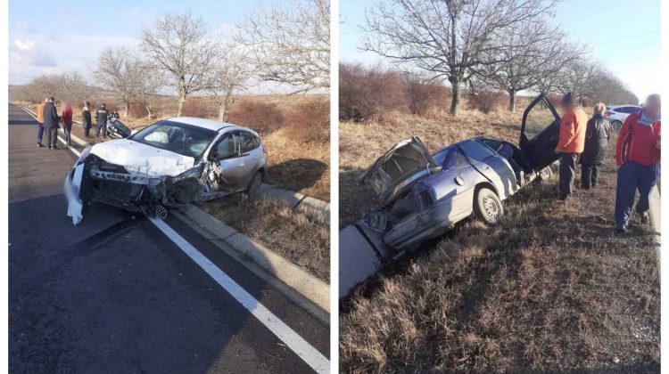 FOTO În șanț, „întinsă” pe traseu și pe marginea carosabilului. Trei mașini, implicate într-un impact violent