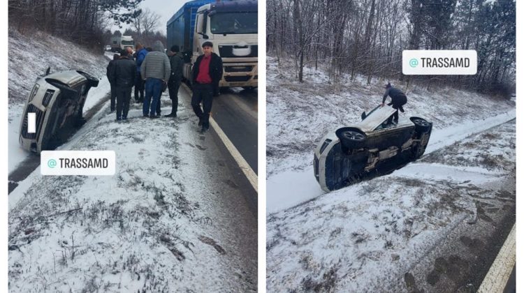 FOTO Să fie condițiile meteo de vină? Un șofer s-a „trezit” cu mașina într-un șanț