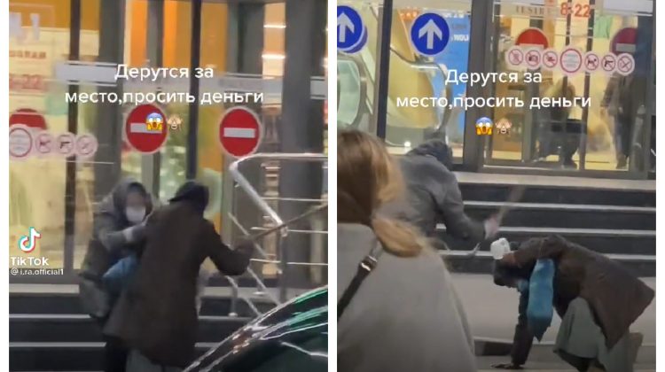 VIDEO Poc, poc cu cârja-n cap! Două femei, care cerșesc, se bat pe o stradă din Chișinău pentru loc