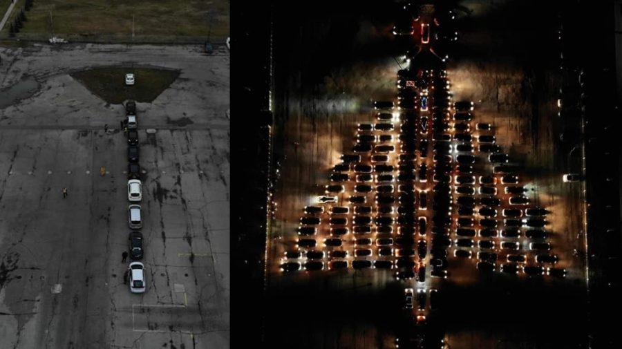 FOTO/VIDEO Bradul automobiliștilor: Pomul de Crăciun, improvizat din mașini, inaugurat cu claxoane și lumini