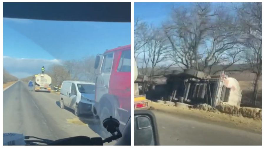 VIDEO Camionetă cu combustibil, răsturnată într-un șanț. Au intervenit polițiștii și salvatorii