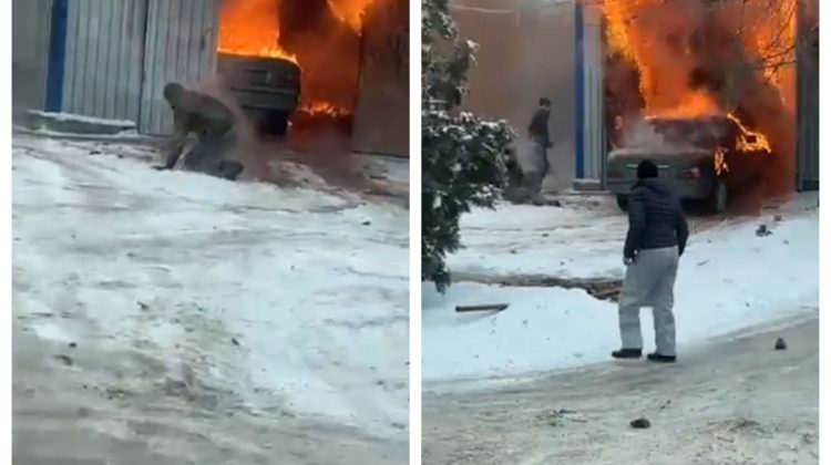 Momentul VIDEO în care un service auto este „înghițit” de flăcări. Au fost distruse toate bunurile din interior
