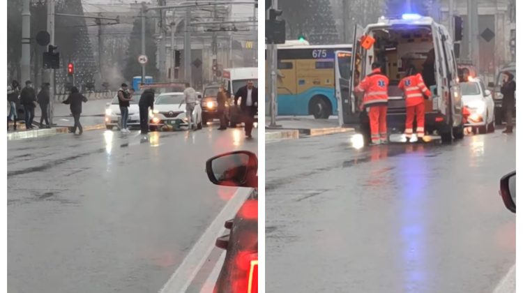 VIDEO Impact violent în centrul Capitalei. Un bărbat, tamponat și întins pe trecerea de pietoni