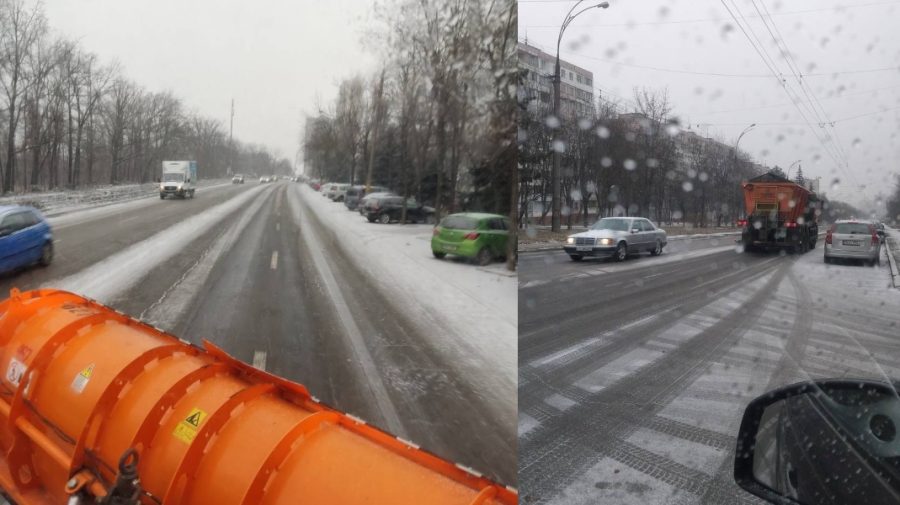 FOTO Muncitorii de la „Exdrupo” în „luptă” cu poleiul! Au împrăştiat nisip şi sare pe străzile din Capitală