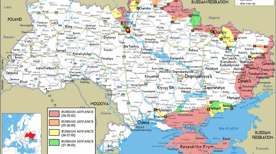 HARTĂ Războiul din Ucraina după cinci zile: Cât de mult au înaintat rușii