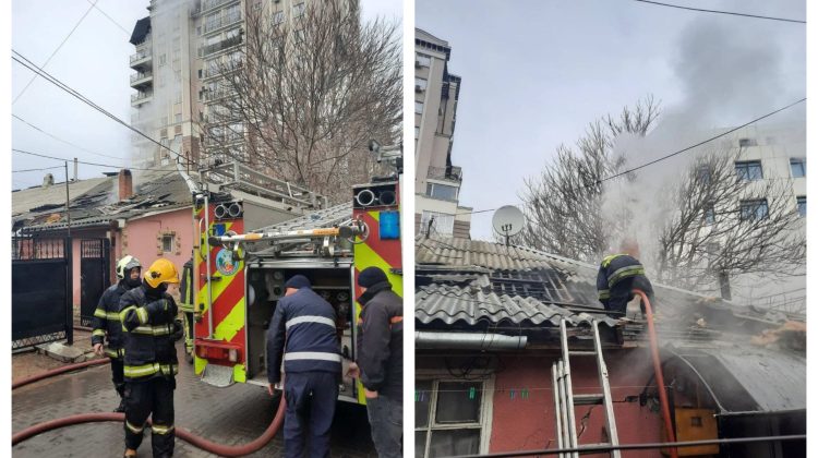 FOTO Acoperișul unei locuințe din Capitală, cuprins de flăcări. Au intervenit două echipe de pompieri
