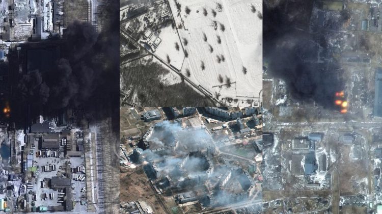 FOTO Așa arată Ucraina distrusă după o lună de război! Orașe în foc, tehnica militară și explozii văzute de pe sateliți