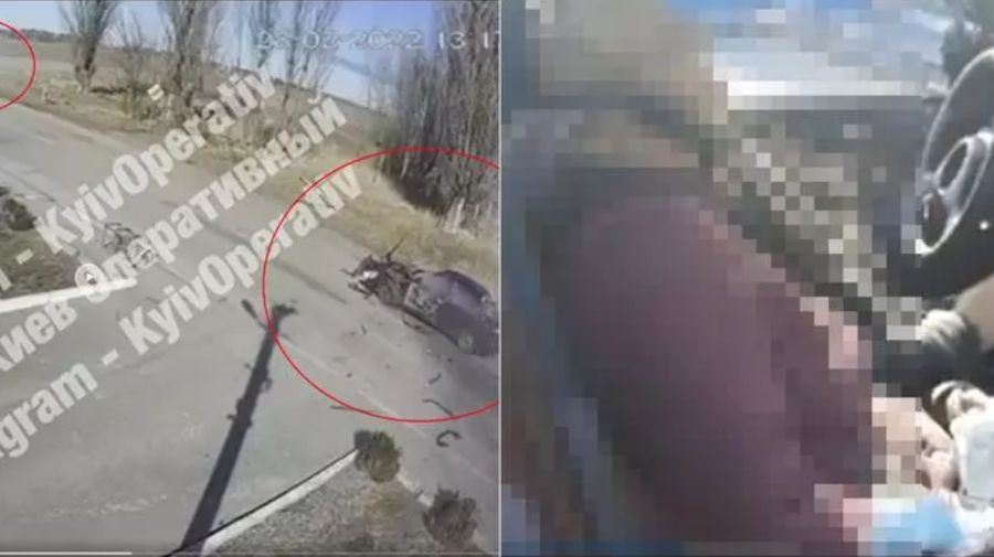 Imagini VIDEO teribile: Mașina în care se aflau doi bătrâni, împușcată și distrusă de un tanc rusesc