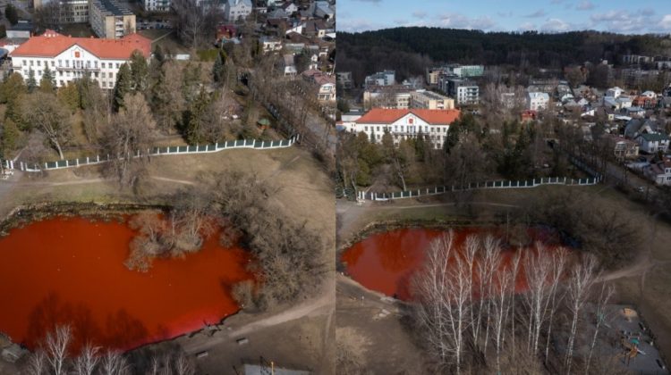 FOTO Cu vopseaua, contra agresiunii! Lacul din apropierea ambasadei ruse la Vilnius, colorat în roșu