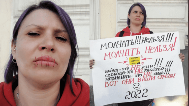 FOTO O activistă din Rusia şi-a cusut gura în semn de protest. Femeia este revoltată de ororile războiului din Ucraina