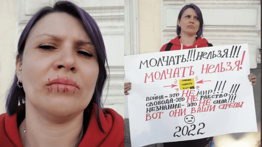 FOTO O activistă din Rusia şi-a cusut gura în semn de protest. Femeia este revoltată de ororile războiului din Ucraina