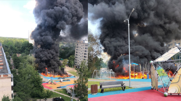 VIDEO Imagini apocaliptice pe un teren de joacă de lângă Moscova. Flăcările au cuprins peste 50 de metri pătrați
