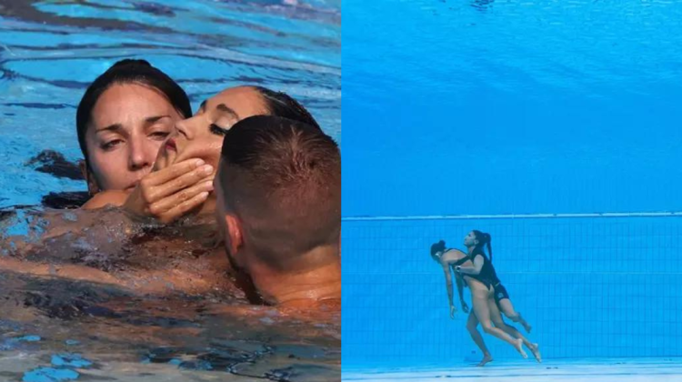 FOTO Momentul în care o înotătoare a leșinat chiar în timpul competițiilor. Sportiva a fost salvată de antrenoarea sa