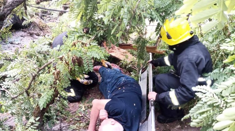 FOTO Misiune îndeplinită cu succes! Pompierii au salvat un bărbat rămas blocat sub un arbore doborât de vânt