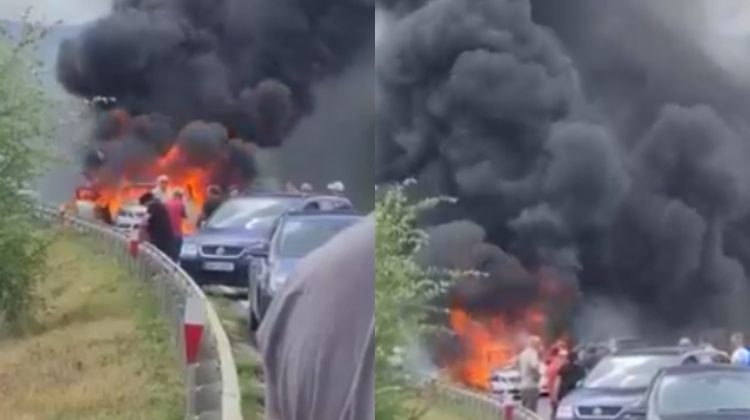 VIDEO cum a ars Mercedesul în apropierea satului Bardar. Mai mulți oameni priveau neputincioși
