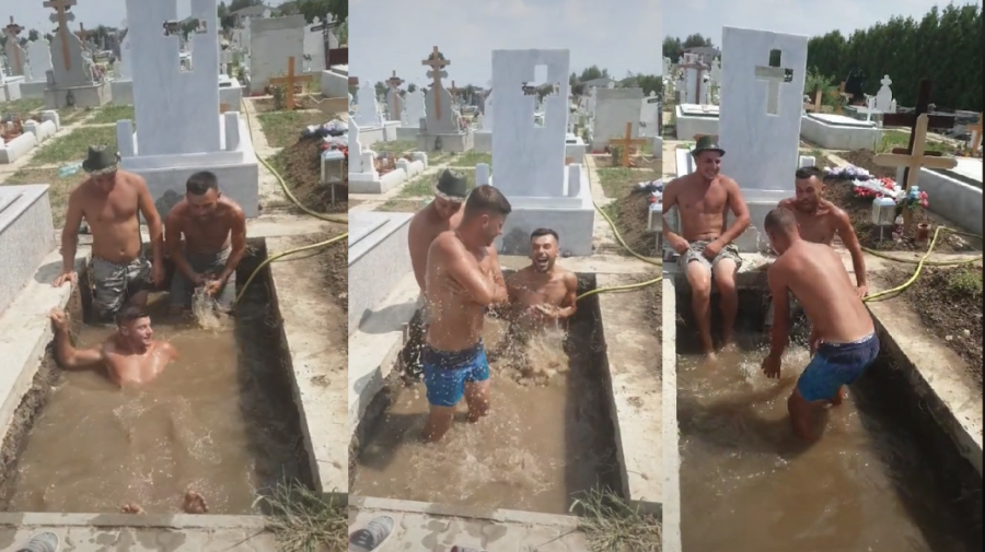 VIDEO viral pe rețelele de socializare. Trei gropari și-au făcut piscină dintr-un mormânt proaspăt săpat