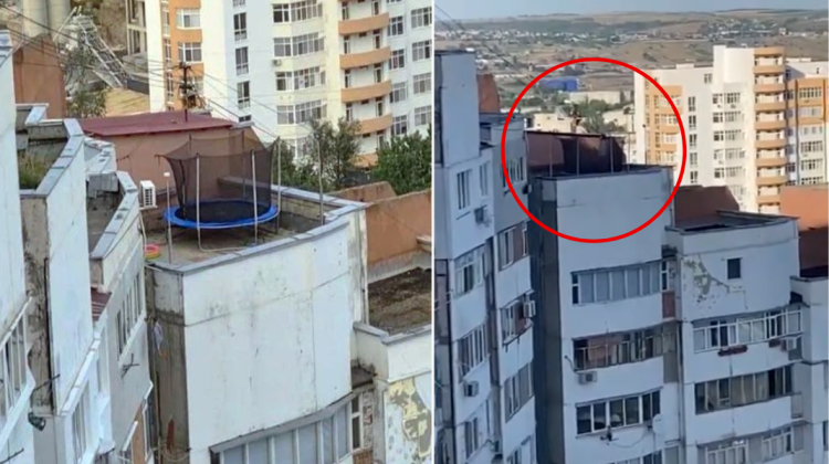 FOTO, VIDEO Distracție periculoasă pe un acoperiș din Capitală! Au instalat o trambulină pe un bloc de 17 etaje