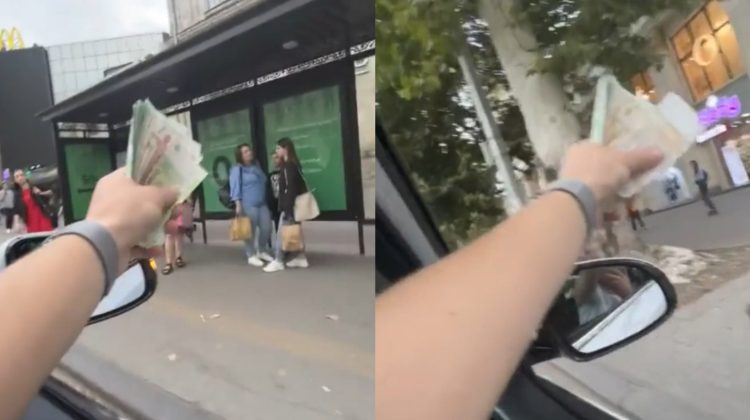 VIDEO Norocul celor din preajmă! Zeci de bancnote, aruncate de un individ peste fereastra mașinii în centrul Capitalei