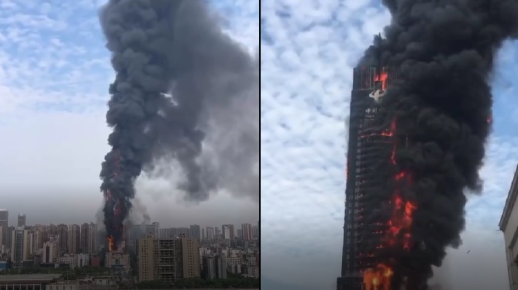 VIDEO Incendiu devastator în China! O clădire de peste 200 de metri a fost cuprinsă de flăcări