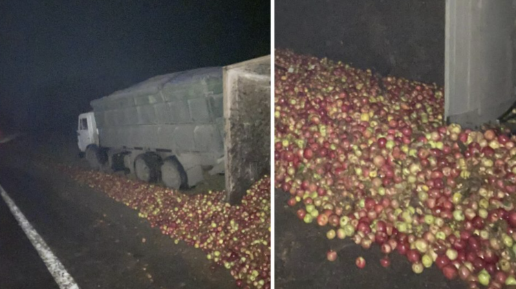 FOTO Condițiile meteo i-au dat bătăi de cap șoferului! Un camion plin cu mere s-a răsturnat pe carosabil