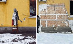 Hoții au furat un graffiti făcut de Banksy în Ucraina. Necunoscuții au tăiat tencuiala clădirii