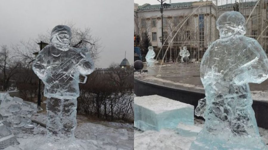 Apogeul propagandei ideologice ruse? Soldații, la televiziuni de Revelion, iar sculpturile lor de gheață – pe străzi