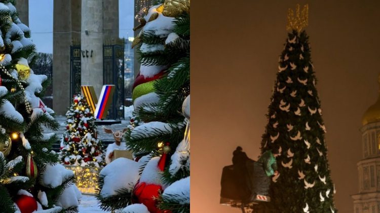 FOTO Moscova – decorată cu simbolurile războiului, iar Kievul – cu figurine în formă de porumbei albi