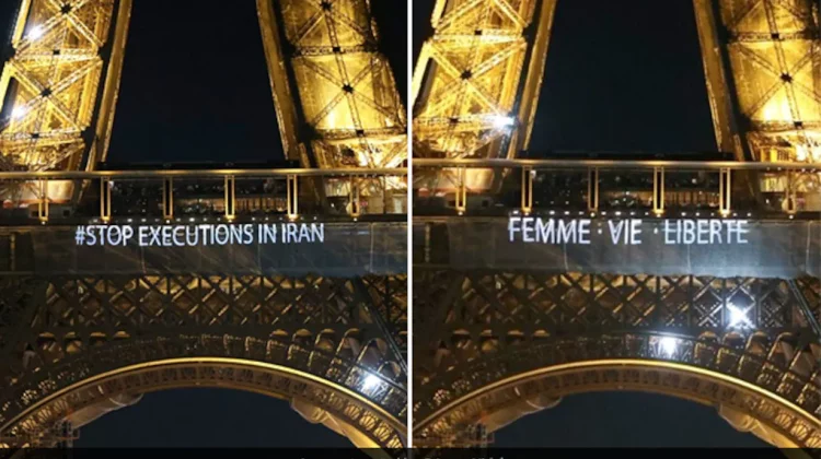 Mesaje luminoase în sprijinul femeilor care protestează în Iran și împotriva execuțiilor, afişate pe Turnul Eiffel