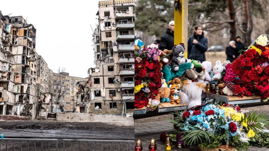 FOTO Zeci de jucării, aduse în fața blocului bombardat din Dnipro. Cel puțin șase copii au murit
