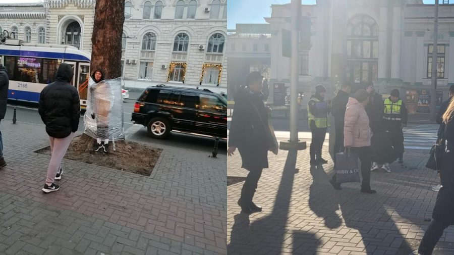 FOTO, VIDEO TikTokerii se dezlănțuie în centrul Capitalei. Se tund în stradă, după ce s-au fixat cu peliculă de copac