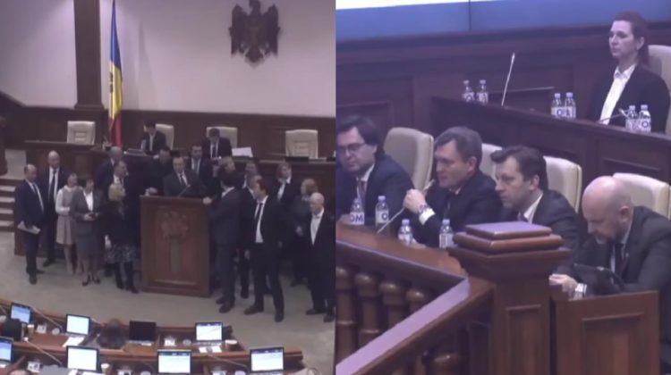 VIDEO Investire cu bucluc! Opoziția a blocat tribuna Parlamentului, înainte de vot pentru Guvernul Recean