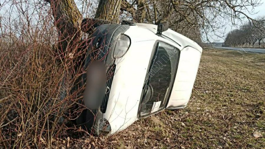 FOTO Neatenția îl putea costa viață! Mașina condusă de un tânăr s-a răsturnat și s-a izbit de un copac