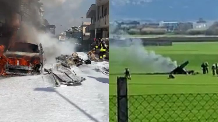Două avioane militare s-au tamponat în aer lângă Roma. Unul a căzut peste o mașină, în apropiere de case