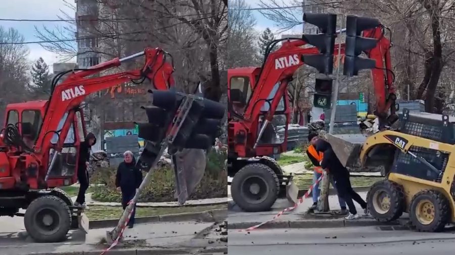 VIDEO Câțiva bărbați au „smuls din pământ” un semafor la Botanica. Au „reanimat” rapid situația, cu un buldozer