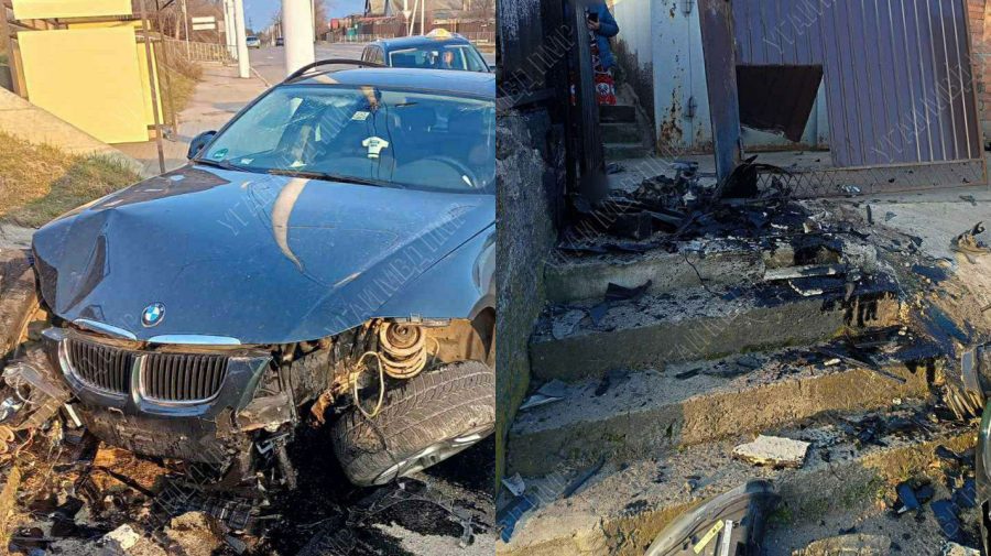 FOTO Momente de groază pentru o familie. Oamenii, treziți de BMW-ul care s-a izbit de gardul gospodăriei