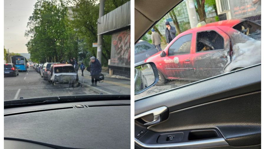 FOTO, VIDEO Ghinion pentru șofer. Un taxi a ars ca o torță, în sectorul Botanica