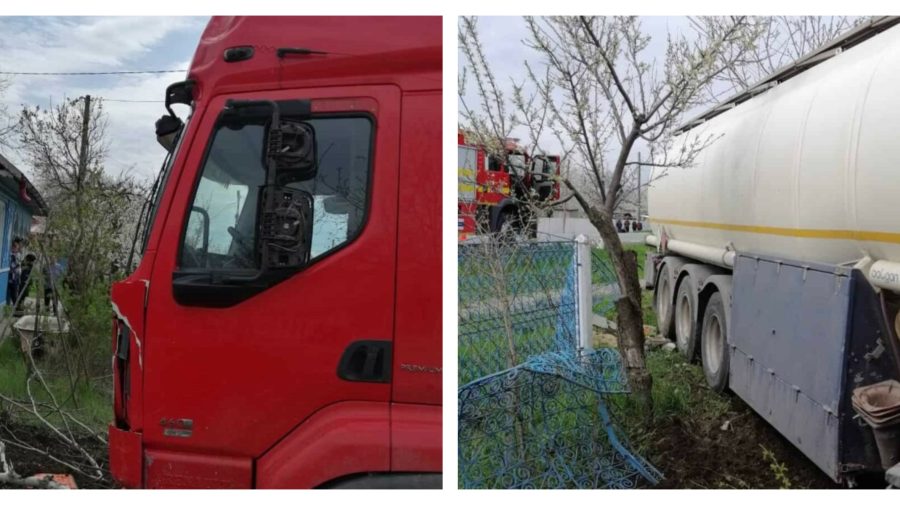 FOTO O autocisternă cu numere moldovenești a ajuns în curtea unei case, într-o localitate din județul Vaslui