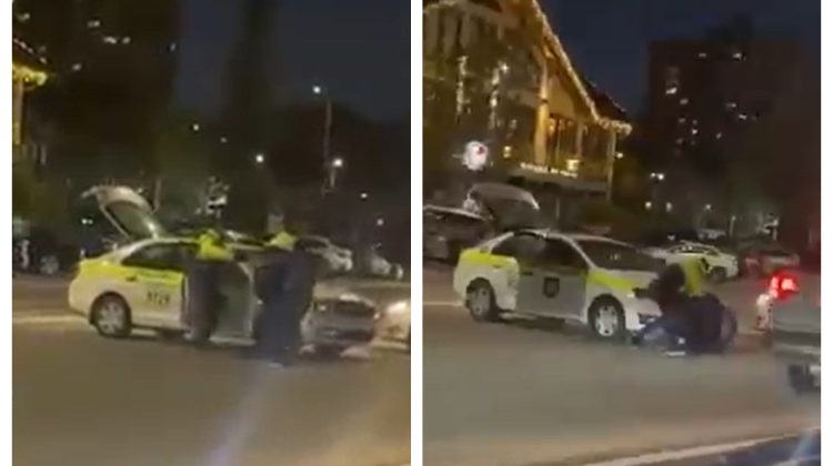 VIDEO cu bătăușul de pe Albișoara. Un pasager a fost imobilizat de polițiști, după ce a lovit cu pumnul în mașină