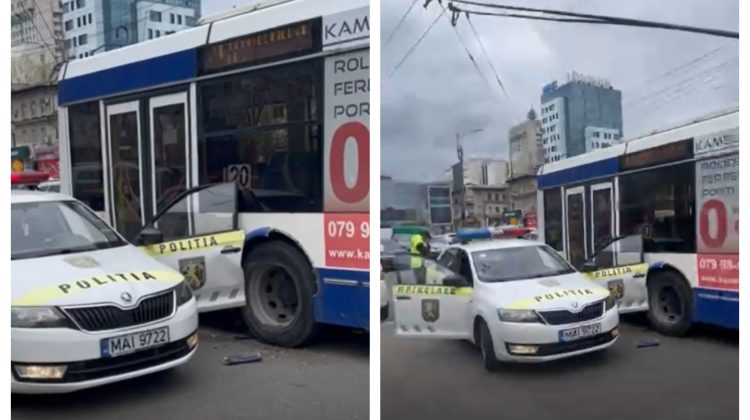 VIDEO Un troleibuz și o mașină a poliției – implicate într-un accident, pe Ismail. Detalii despre impact