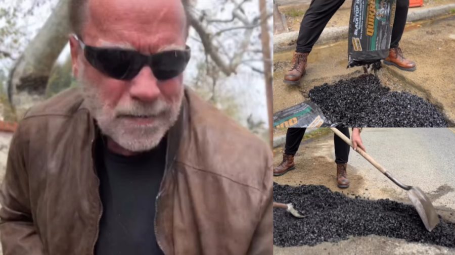 VIDEO Arnold Schwarzenegger s-a decis să repare o groapă în asfalt. Doar că era de fapt un şanţ de serviciu… Ups!