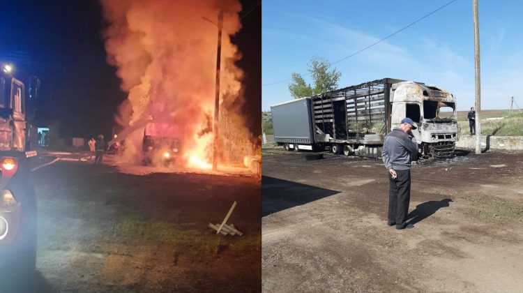 VIDEO Incendiu uriaș la Vulcănești: Două camioane au fost distruse de flăcări