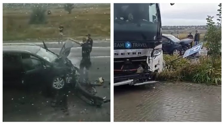 FOTO, VIDEO Accident grav lângă vama Leușeni, cu implicarea unui autocar. Două persoane au ajuns la spital