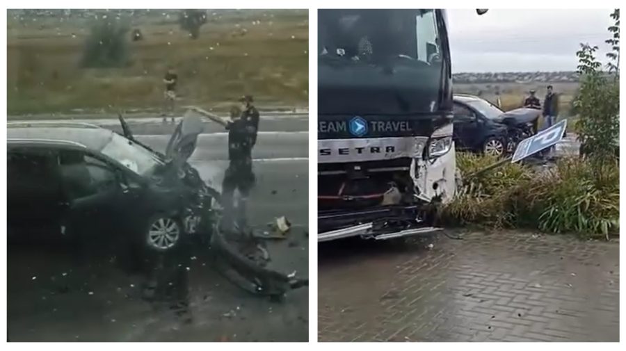 FOTO, VIDEO Accident grav lângă vama Leușeni, cu implicarea unui autocar. Două persoane au ajuns la spital