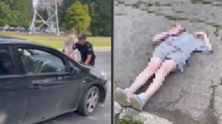 VIDEO viral cu o șoferiță care o ia la sănătoasa, apoi se culcă pe trotuar. „Mă refuz să merg la spital. Am dreptul”