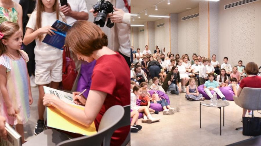 Cu „Micul Prinț” în mâini și înconjurată de copii. FOTO cu Maia Sandu la Bookfest, semnând cărți micuților