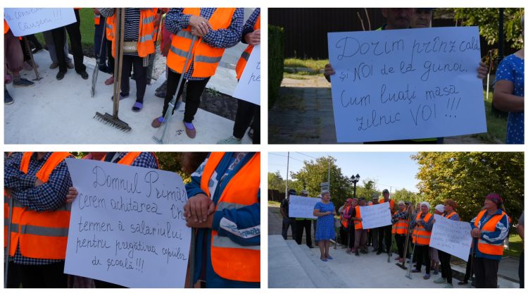 VIDEO Protest cu greble în fața Primăriei Căușeni. 30 de angajați ai întreprinderii salubrizare cer tichete pentru masă