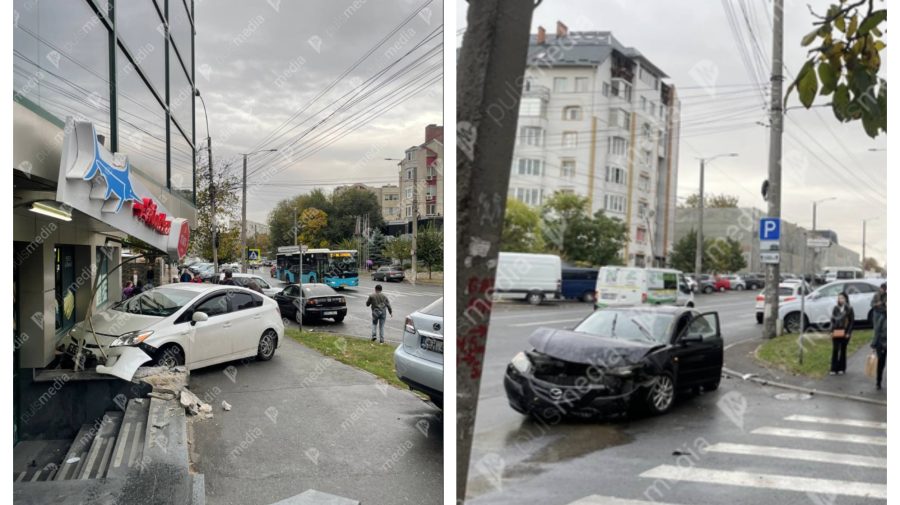 FOTO Accident grav pe strada Vasile Alecsandri. O mașină de taxi „a zburat” într-un magazin